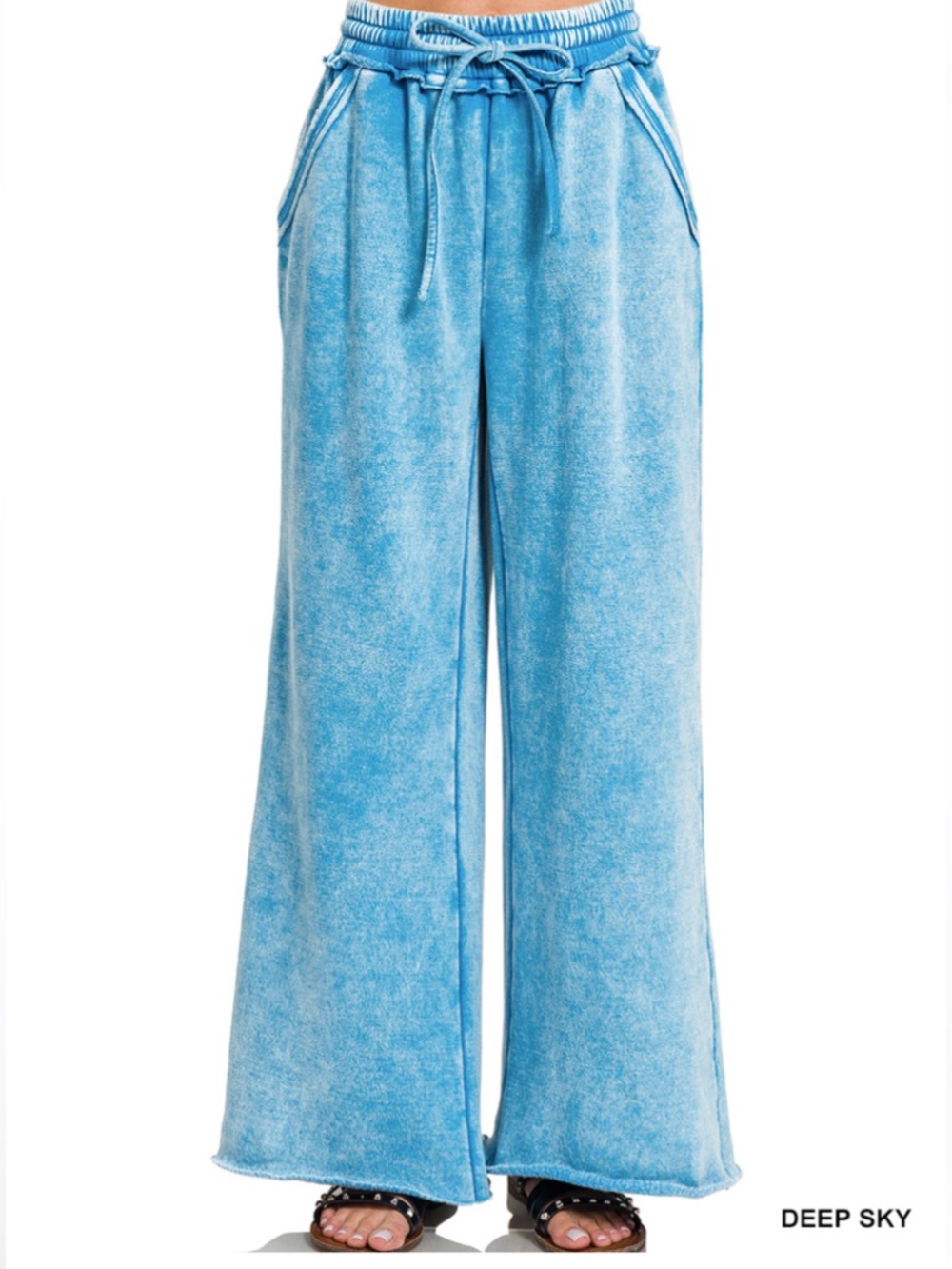 185 ❤️Zenana deep sky  ACID WASH FLEECE PALAZZO SWEATPANTS
POCKETS